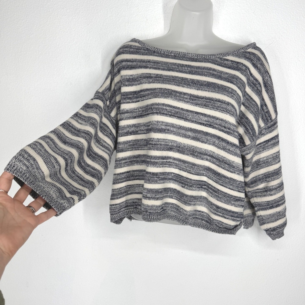 Womens Oversized Striped Cotton Cropped Sweater Size XL Nautical Marled Knit